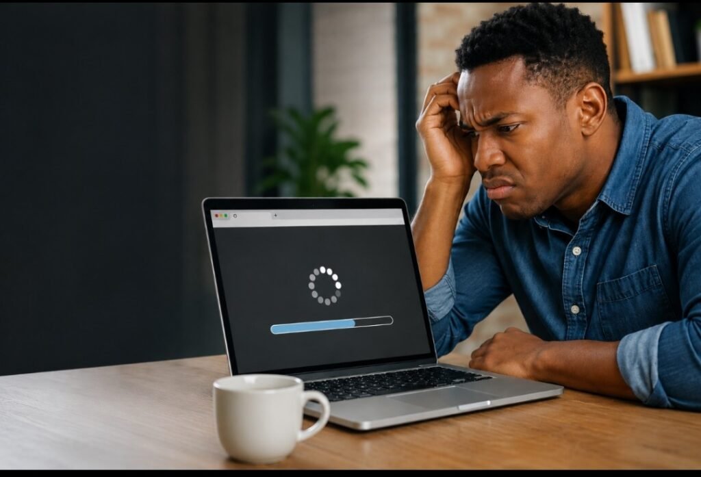 Frustrated customer waiting for a slow website to load on a laptop